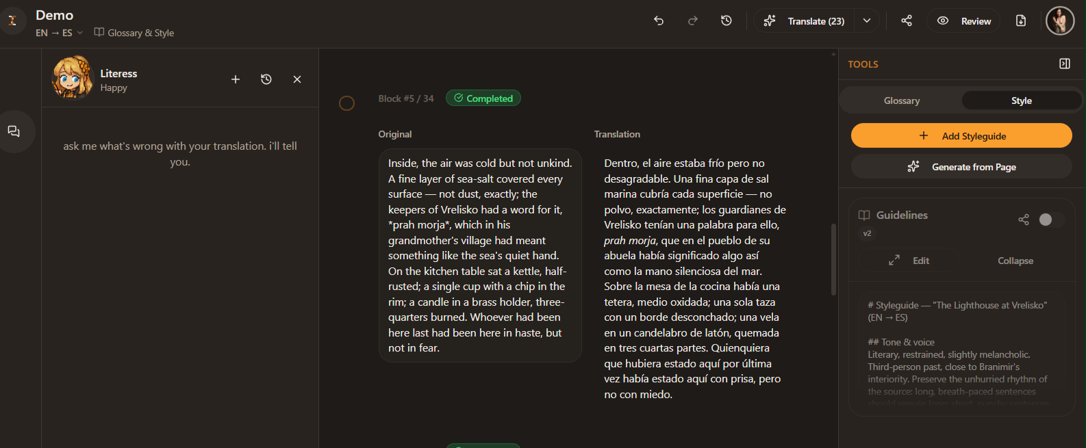 Transept styleguide editor showing tone and rule entries