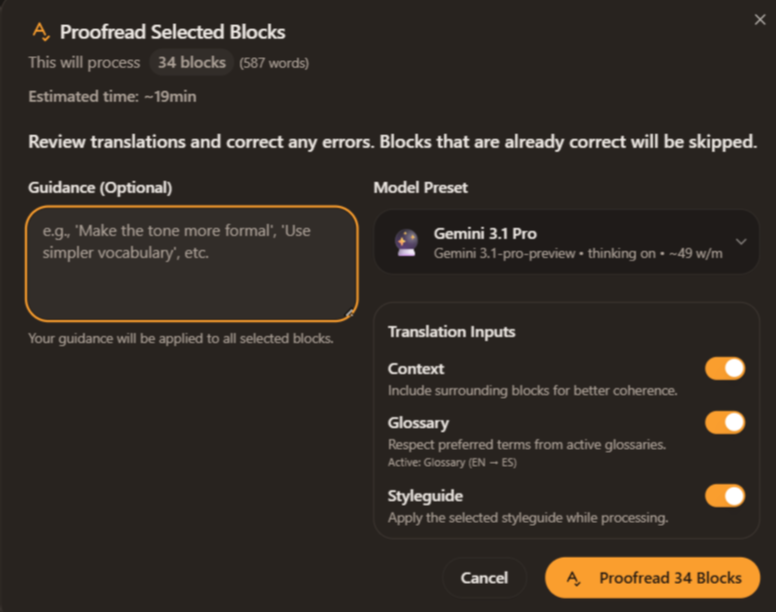 Smart Proofread results showing flagged sentences with suggested fixes