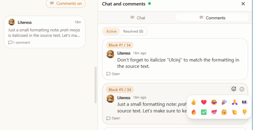 A threaded comment in the editor gutter with a reply from Literess and an emoji reaction pill.