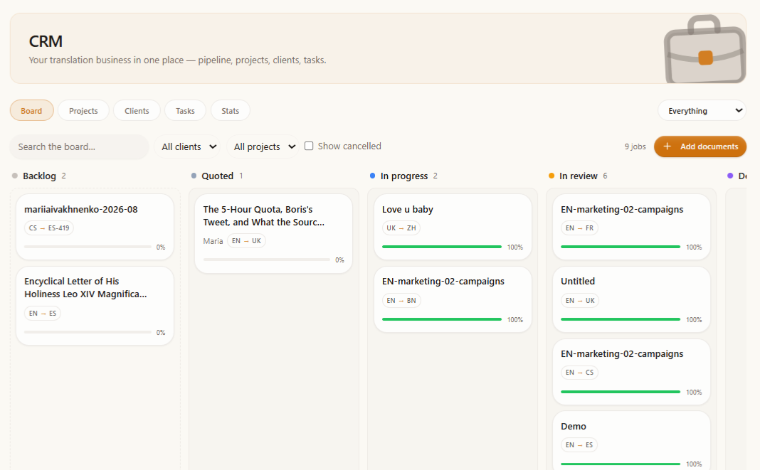The CRM Board tab — a kanban with a Backlog column plus Quoted, In progress, In review, Delivered, and Paid, with job cards showing client and progress.