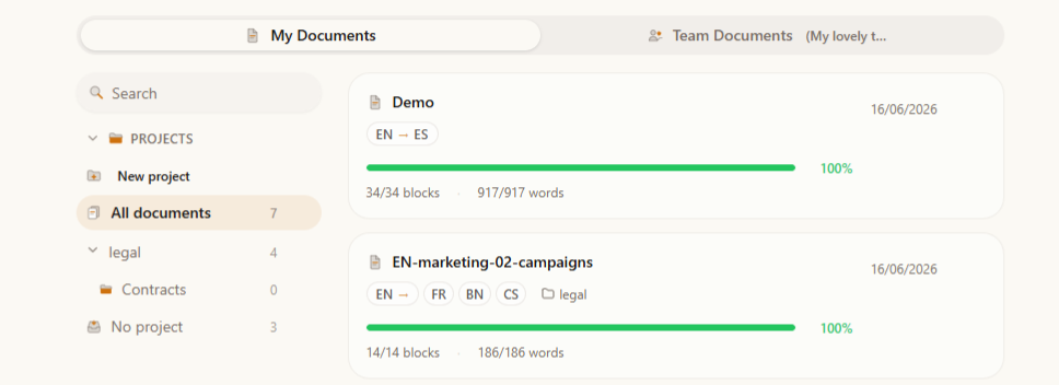 The dashboard left rail showing a few projects with emoji and document counts, one expanded.
