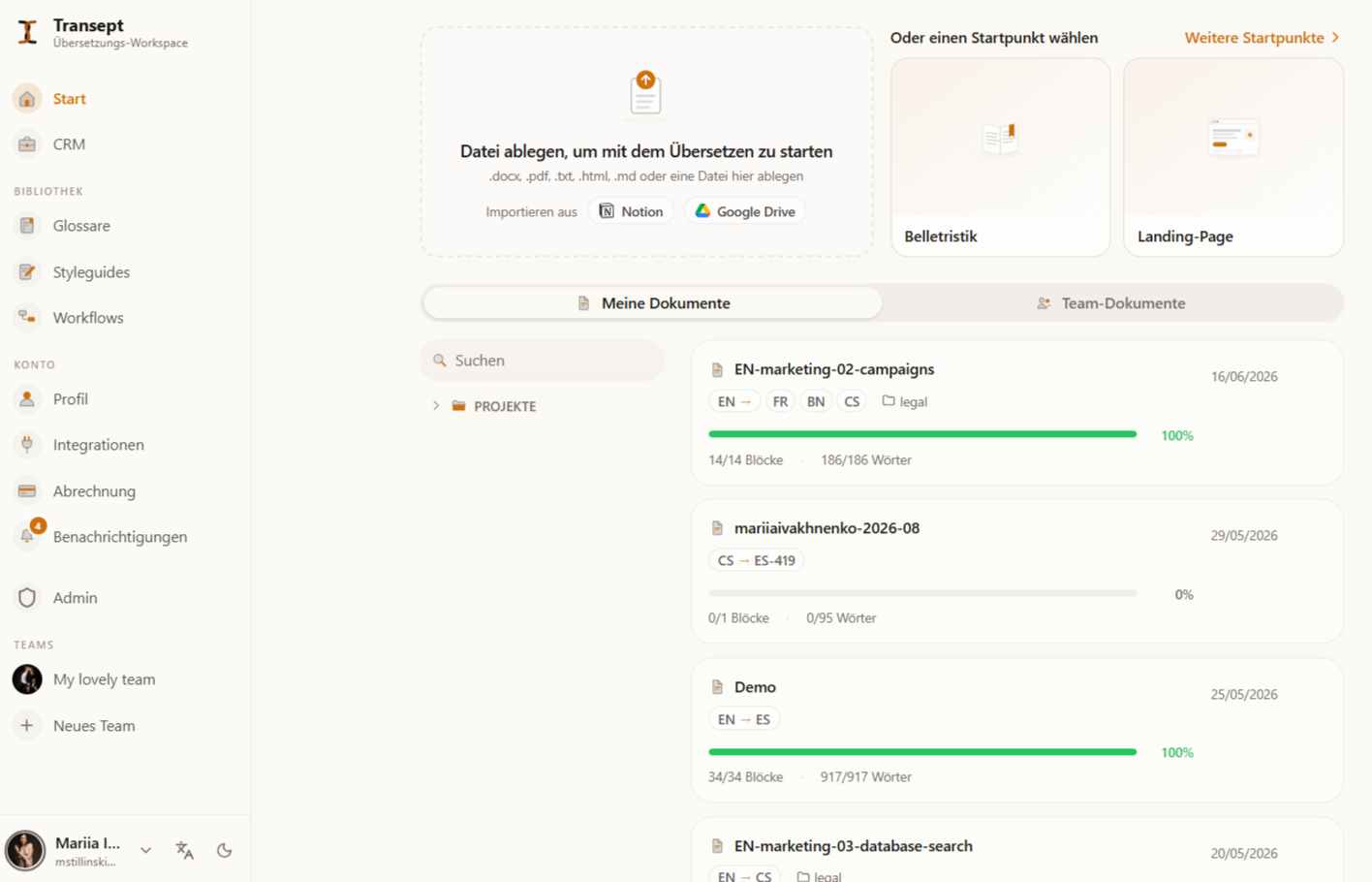 The Transept dashboard with the interface language set to German, and the language switch in the profile menu.