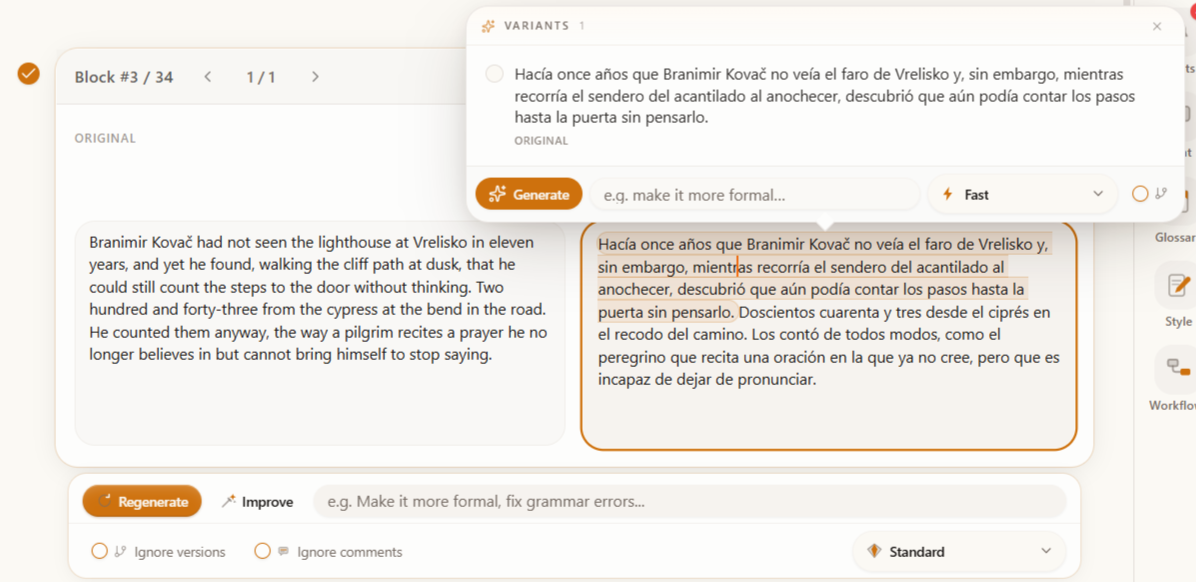 A single block selected in the editor, with the per-block toolbar (Translate, Improve, model, history) and a sentence highlighted.
