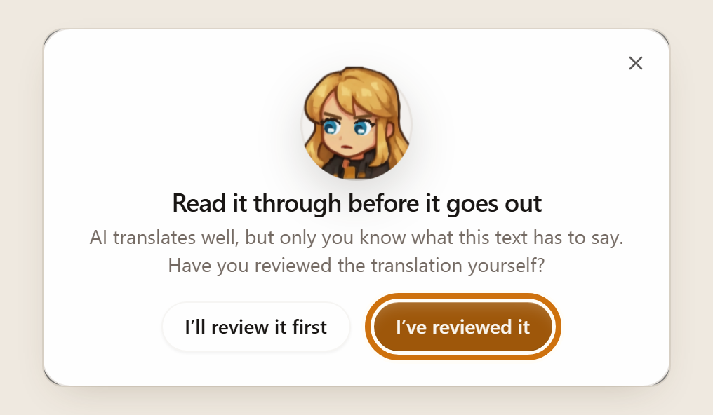 Literess’s reminder before an export: “Read it through before it goes out”, with the buttons I’ll review it first and I’ve reviewed it, the second outlined.