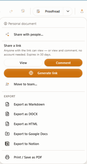 The export menu open on a document, with “Word — original layout” highlighted at the top and the other formats below.