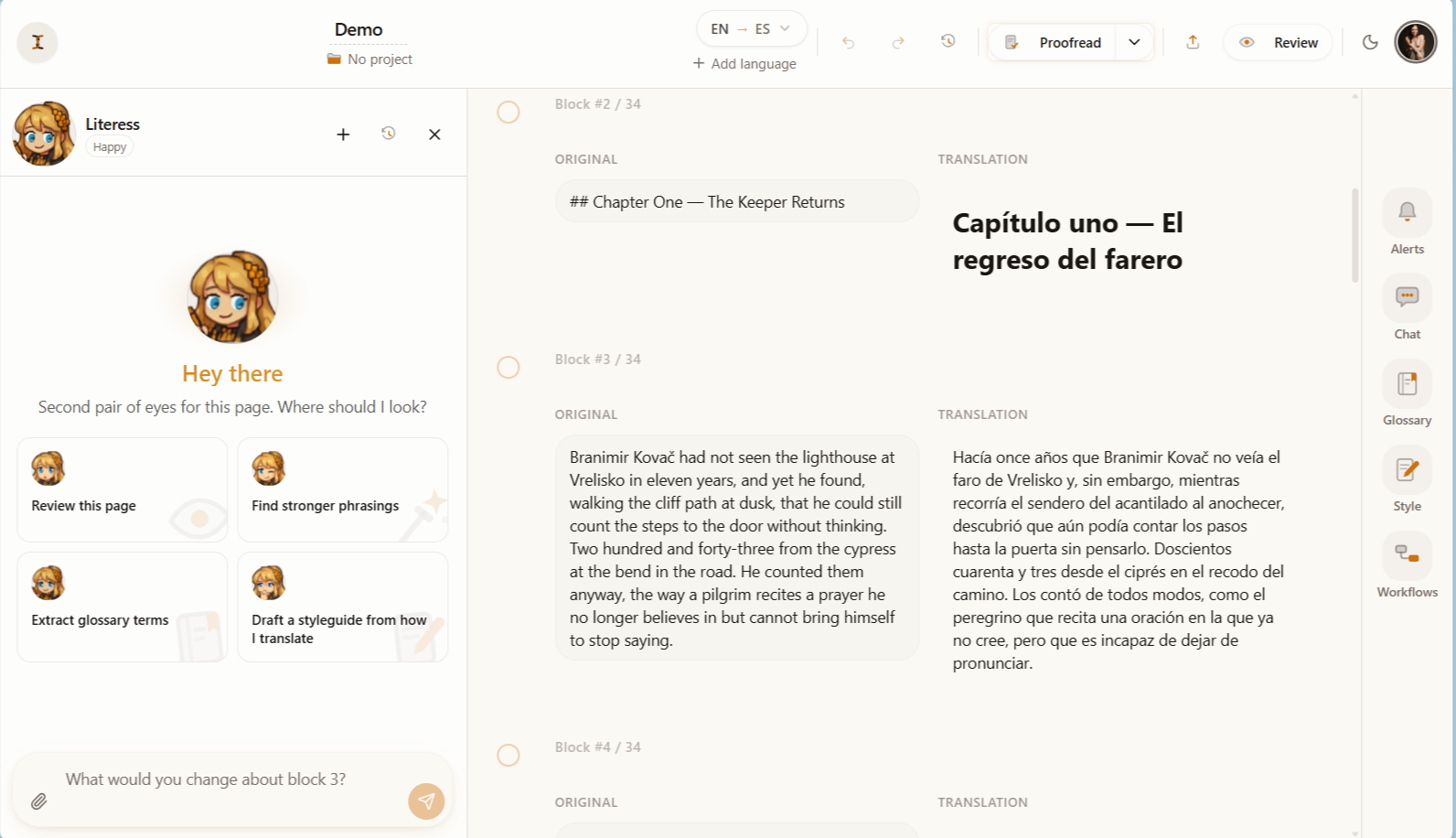 The editor mid-translation — the English source on the left, the Spanish translation on the right, with Literess open alongside.