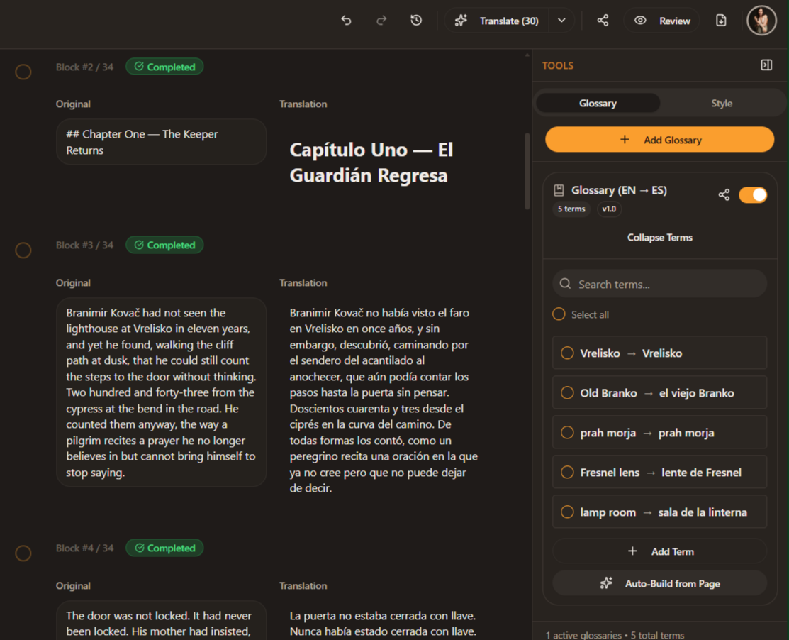 Transept editor with glossary panel showing term mappings