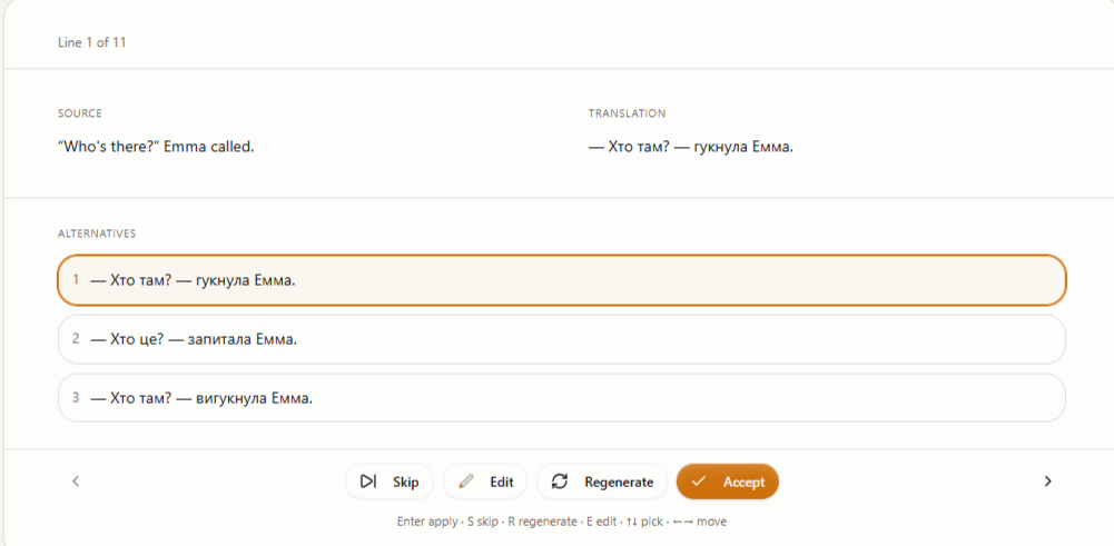 The guided-review page on a single finding — source, current translation, suggested change, accept/reject/edit controls, and an “Item 3 of 17” counter.