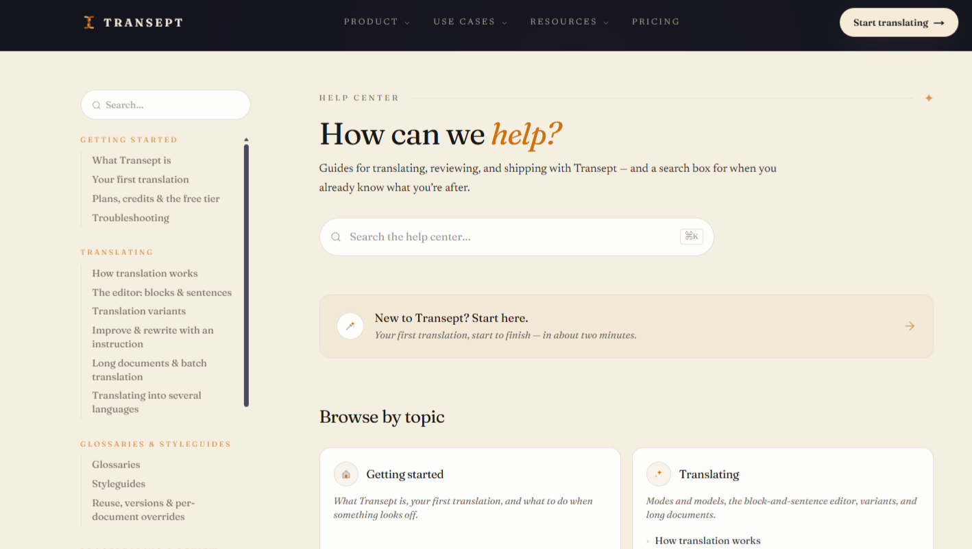 The Transept help center landing page in the warm paper reading surface, with the search box and topic cards.
