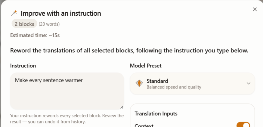 The selection bar with several blocks selected and the Improve instruction dialog open, showing the block count and estimate.