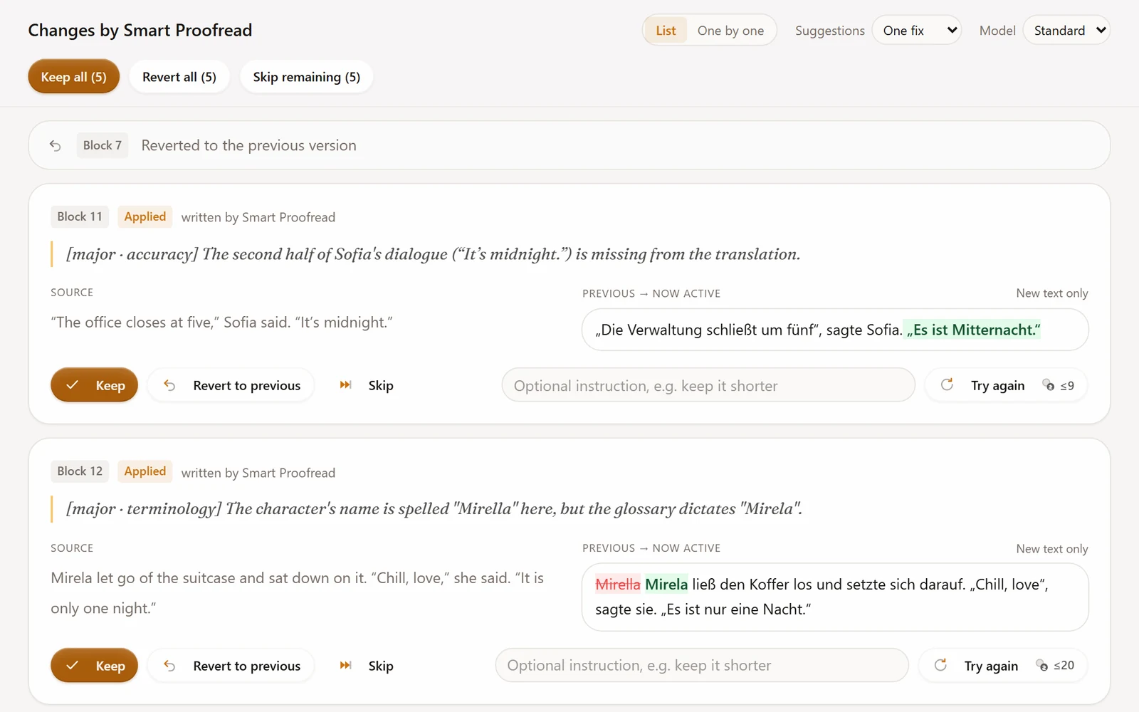 ドイツ語の章に対するSmart Proofreadの修正：抜け落ちていた会話文の復元と、2通りに表記されていた登場人物名の統一。それぞれに「残す」と「修正前に戻す」のボタンがある画面