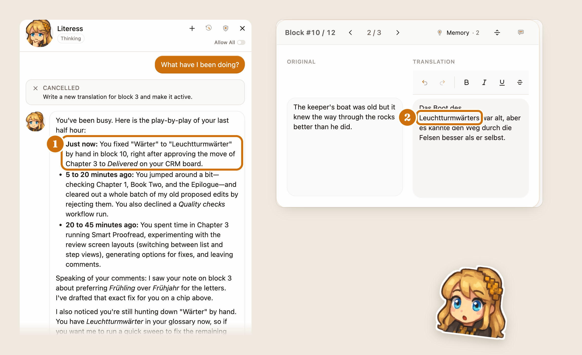 「これまでの作業内容は？」と尋ねられたLiteressの回答例。1：ブロック10で「Wärter」を手動で「Leuchtturmwärter」に変更したばかりであると回答。2：ドキュメント内で行われた編集の1つ。