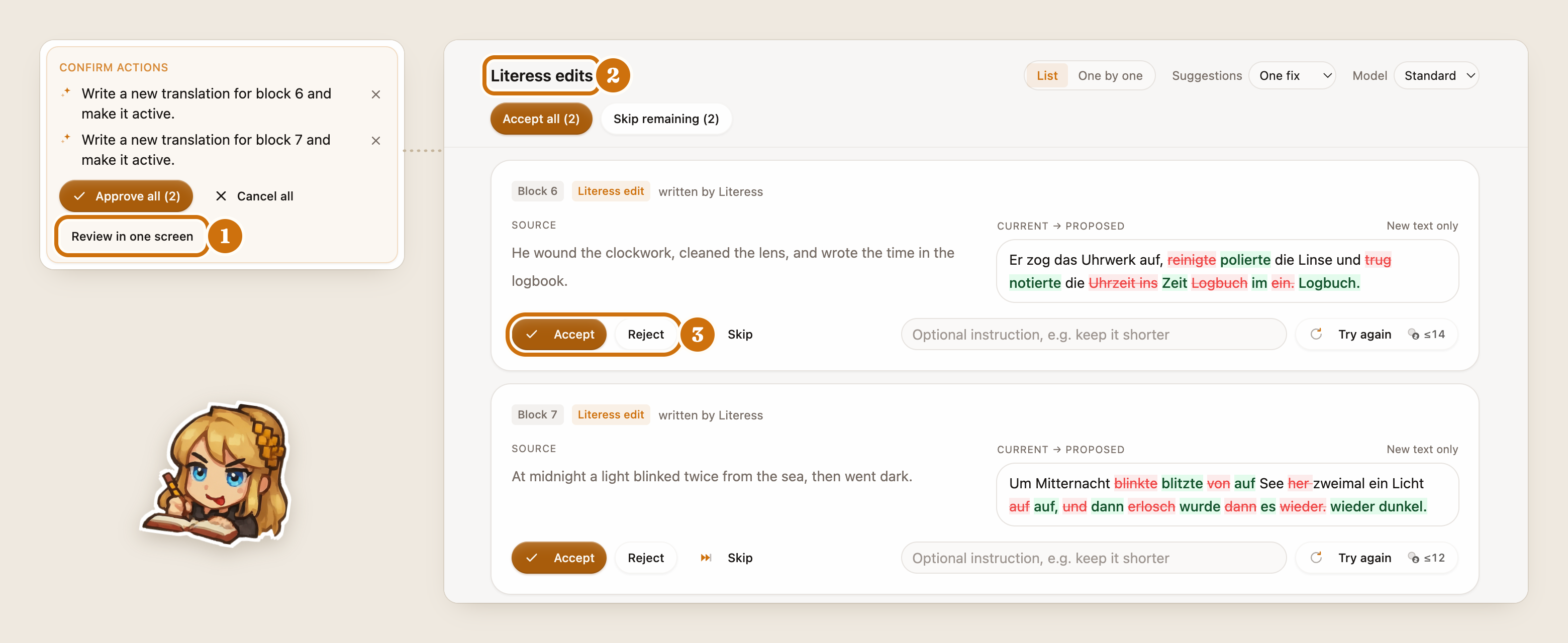 1：2件のブロック編集が含まれる承認カード上の「まとめてレビュー」。2：「Literessによる編集」というタイトルのレビュー画面。3：現在のテキストとLiteressの提案が並んで表示された、各編集の「承認」と「却下」。