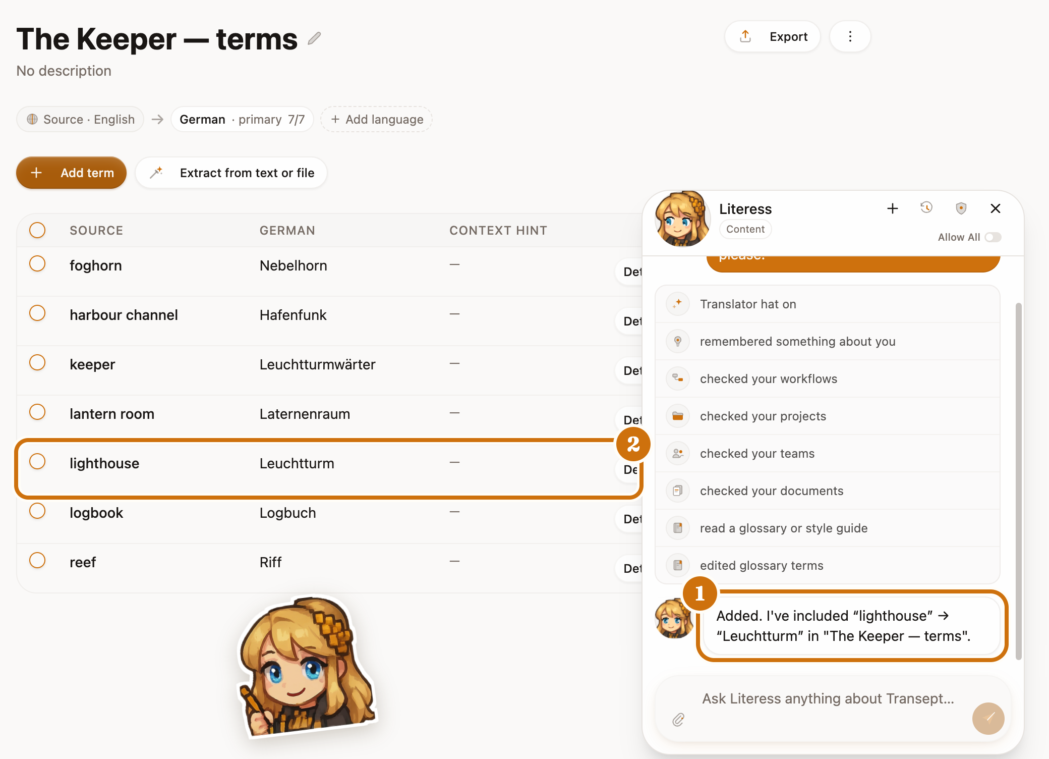 「The Keeper」の用語集ページの横にLiteressが開いている画面。1：Literessの返答「『lighthouse』→『Leuchtturm』を追加しました」。2：用語集テーブルにすでに追加されている「lighthouse」の新しい行。