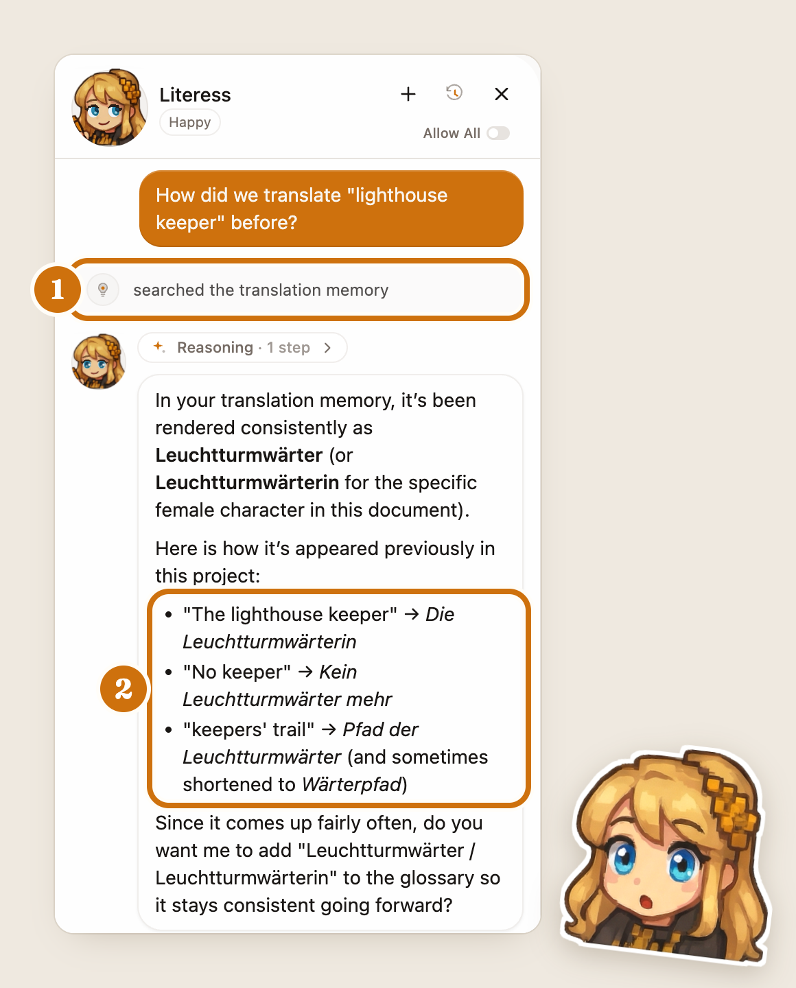 「lighthouse keeperは以前どう翻訳した？」という質問にLiteressが回答している画面。1：翻訳メモリを検索した旨の表示。2：見つかったドイツ語訳と、それぞれの出典元ドキュメント。