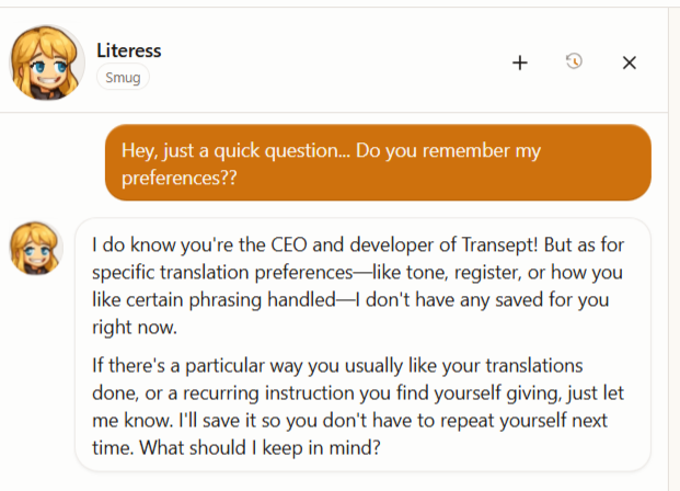 The Literess chat panel — the user asks whether she remembers their preferences, and she explains what she has saved and offers to remember more.