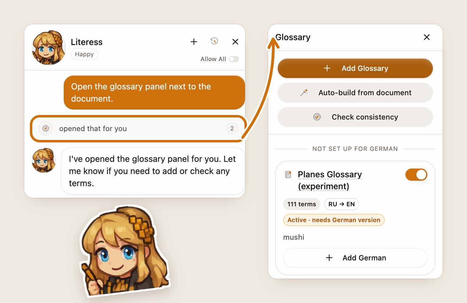 左：用語集パネルを開いたことを伝えるLiteressの返答。右：ドキュメントの横に表示された用語集パネルと、ドキュメントに関連付けられている用語集。