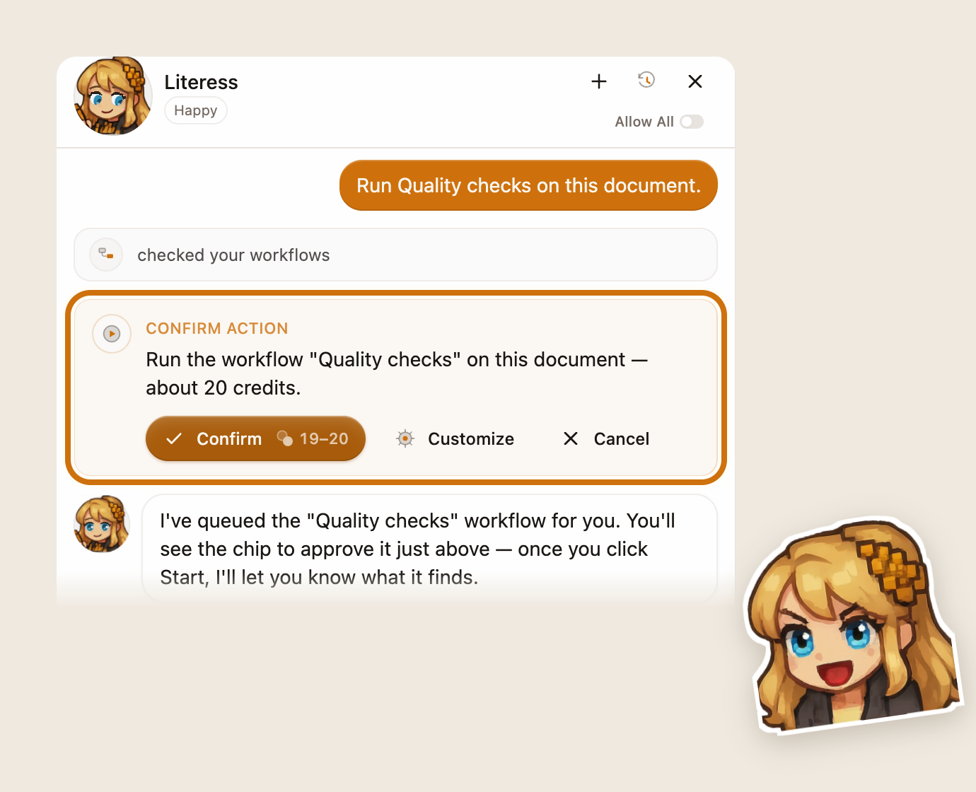 「このドキュメントでQuality checksを実行して」という指示に対してLiteressが返答している画面。「Quality checks」ワークフローの実行カード、推定消費クレジット、「確定」、「カスタマイズ」、「キャンセル」の各ボタンが表示されています。