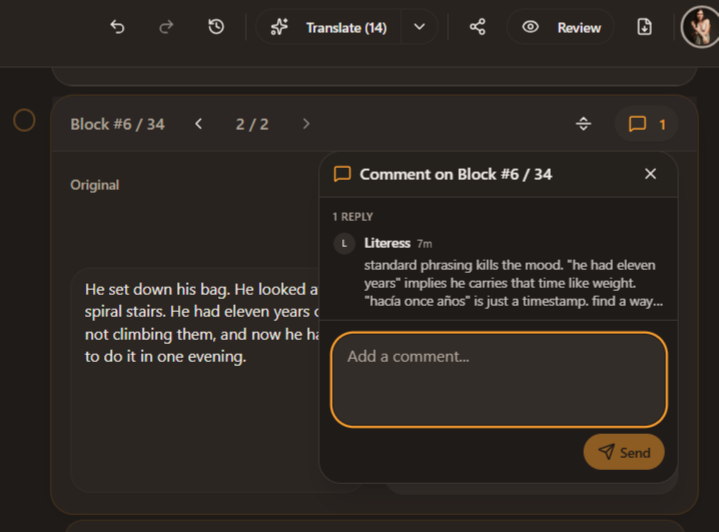 Inline comment thread from Literess on a translated block