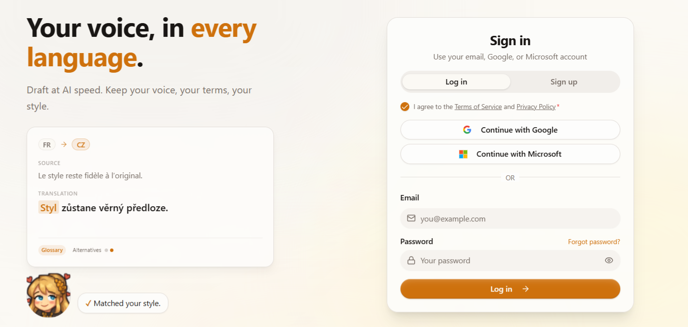 The login page showing email and password fields, Google and Microsoft buttons, and the “Forgot password?” link.