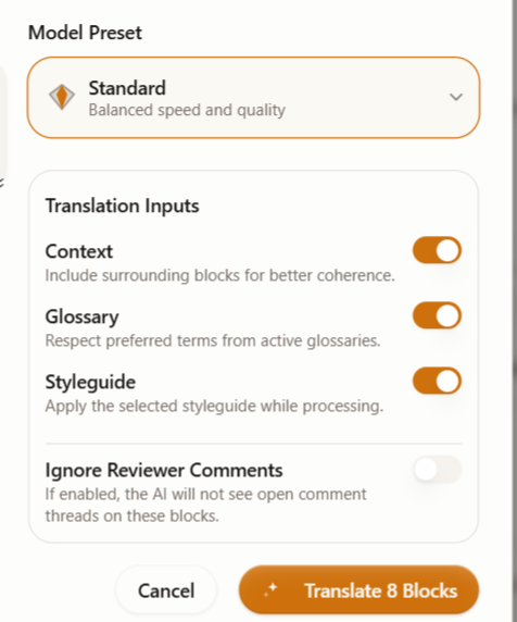 The model / mode picker showing Fast, Standard, and Pro options with their credit costs.