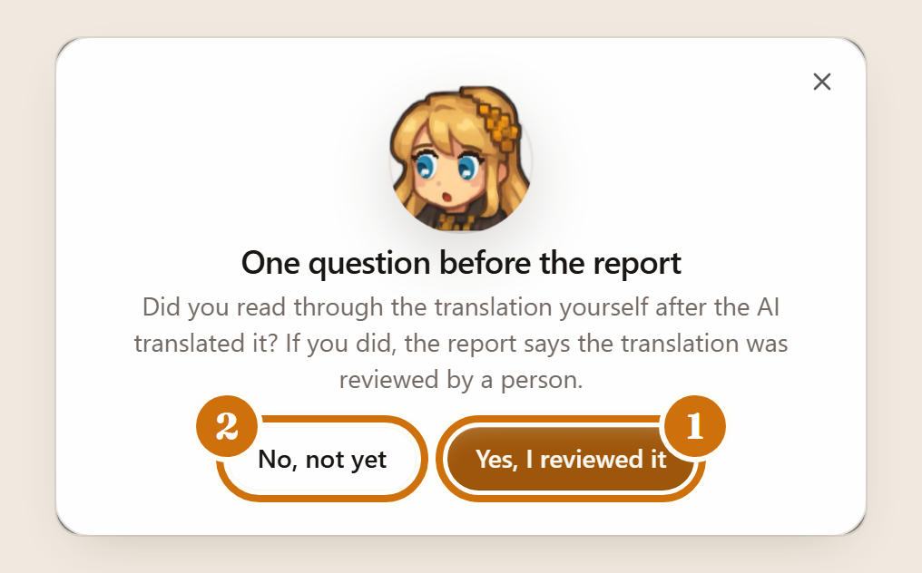 Literess’s question before the report downloads, numbered: 1, Yes, I reviewed it; 2, No, not yet.
