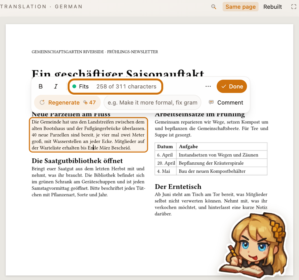 A German translation of a garden newsletter on its original page in Vision. One paragraph is open for editing, and the bar above it, with Bold, Italic, Done, Regenerate and Comment, shows the outlined note Fits, 258 of 311 characters.