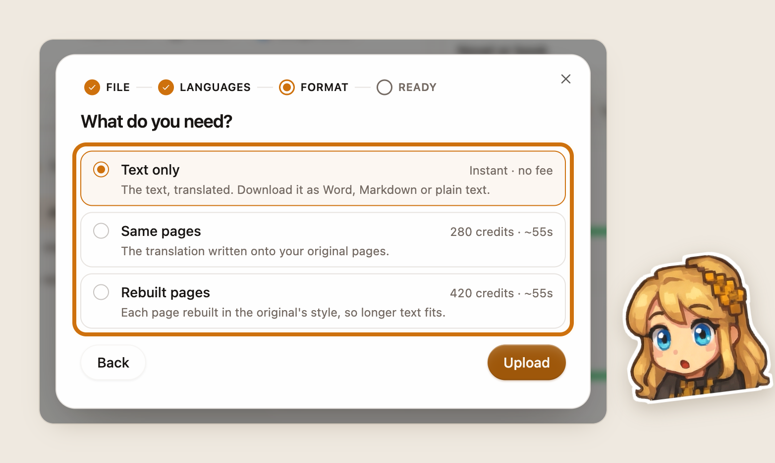 The upload dialog’s Format step, What do you need?, with three choices outlined: Text only, Instant · no fee; Same pages, 280 credits · about 55 seconds; Rebuilt pages, 420 credits · about 55 seconds.