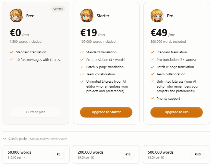 The pricing section showing the three plan cards — Free, Starter, Pro — with credits and feature lists.