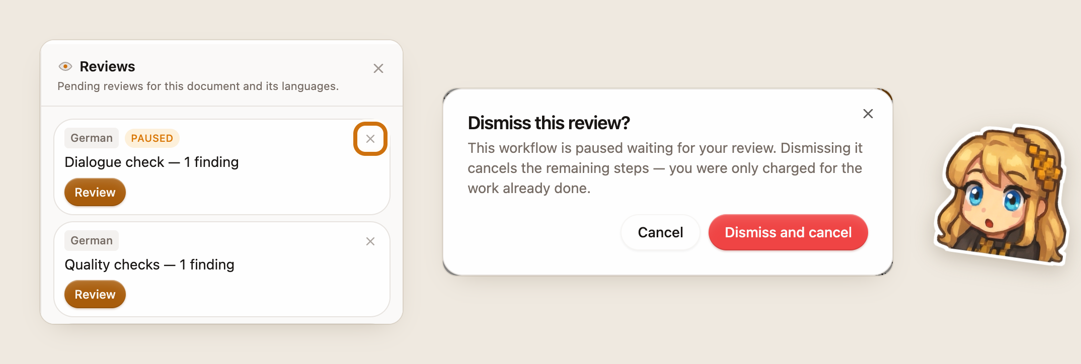 左：レビューパネル（一時停止中の「Dialogue check」レビューの「×」が枠線で囲まれている）。右：「このレビューを破棄しますか？」ダイアログ（破棄すると残りのステップがキャンセルされる旨が記載されており、「キャンセル」と「破棄してキャンセル」ボタンが枠線で囲まれている）。