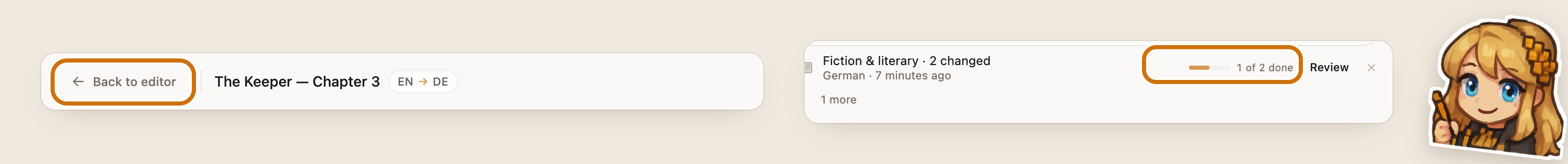 左：レビュー画面の上部（「エディターに戻る」が枠線で囲まれている）。右：「Fiction & literary · 2ブロックを変更」の行（「レビュー」ボタンの横に進捗状況を示す「1 / 2完了」が枠線で囲まれている）。