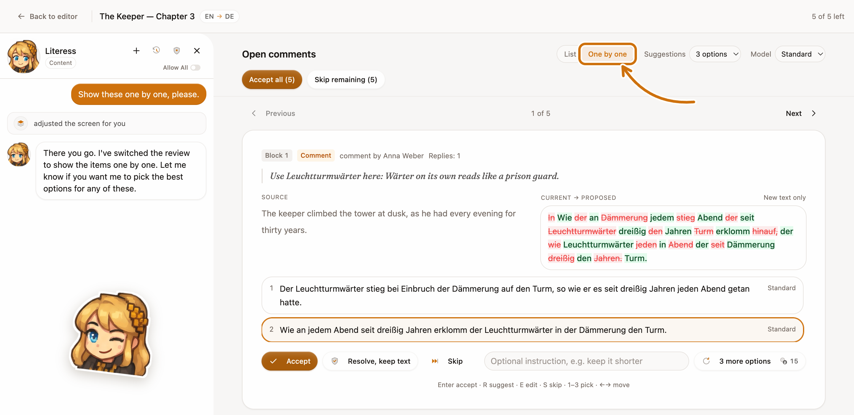 「これらを1件ずつ表示して」と指示した後に、レビュー画面の横にLiteressがドッキングされた状態：Literessがレイアウトを切り替えたと返信し、現在選択されている「1つずつ」を矢印が指しています。