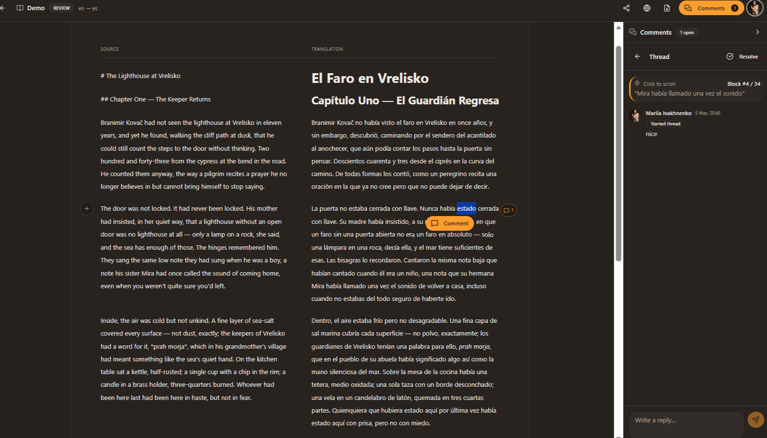 Transept review mode showing comment threads on a translated block