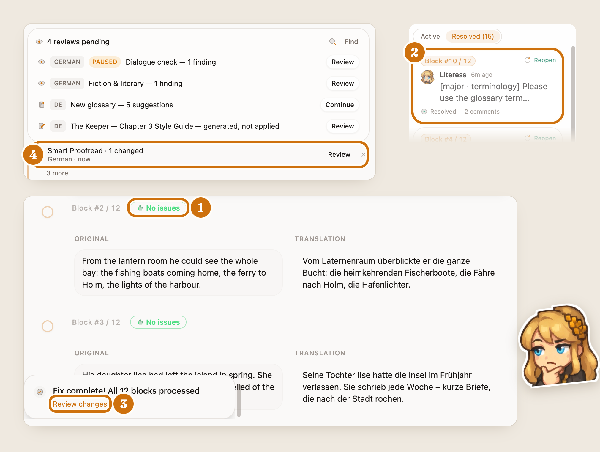 Smart Proofreadの実行後のドキュメント：1. 「問題なし」とマークされたブロック、2. 修正が必要だったブロックに関するコメントパネル内のLiteressの簡単なメモ、3. 「変更を確認」が表示された完了トースト、4. 保留中のレビューリストにある実行結果の行。