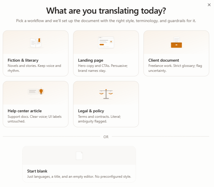 The “what are you translating today?” starting-point picker with the six cards.