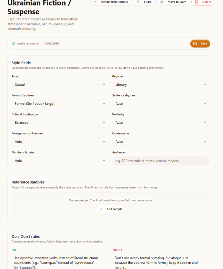 The styleguide editor showing the fields (tone, register, address form), a reference sample, and a couple of rules.