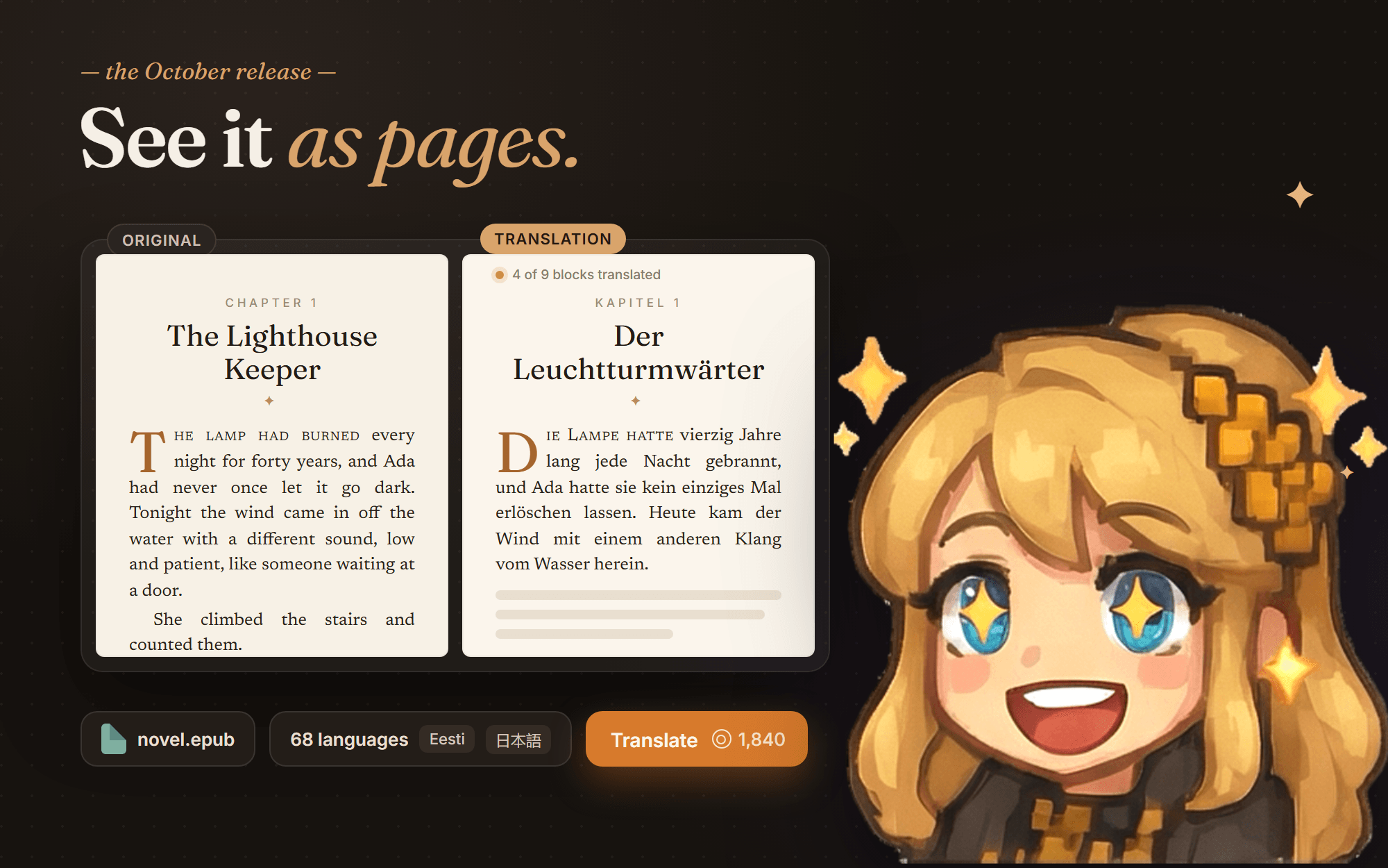 An illustration on a dark background, headed “See it as pages.” On the left, a Vision spread: an original page set as a book, with a “Chapter 1” label, the title “The Lighthouse Keeper”, a drop cap and small caps opening the first paragraph, and beside it the German translation page, its first paragraph typeset and the rest still faded placeholder lines, with a line at the top reading “4 of 9 blocks translated”. Under the spread, a row of chips: a “novel.epub” file chip, a “68 languages” chip with Estonian and Japanese tags, and an orange “Translate” button carrying a coin and the price “1,840”. On the right, Literess, drawn as a blonde chibi girl with a gold hair clip, grins with stars in her eyes.
