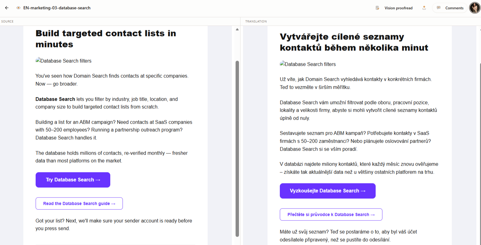 A rendered HTML email beside Vision Proofread’s flags, pointing at a layout/overflow issue and a wording fix.