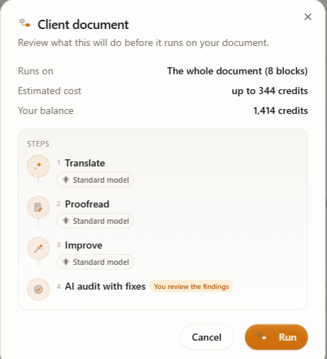 The workflow run confirm dialog listing each step (Translate, Proofread, Improve) with its model and an estimated credit cost.