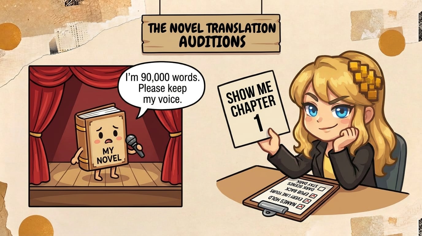 Comic panel under a wooden sign reading “The novel translation auditions”. On a small stage with red curtains, a nervous hardcover book with arms and legs, labelled “My novel”, holds a microphone and says “I’m 90,000 words. Please keep my voice.” At a judge’s desk on the right, Literess rests her chin on her hand next to a clipboard checklist and holds up a card that says “Show me chapter 1”.