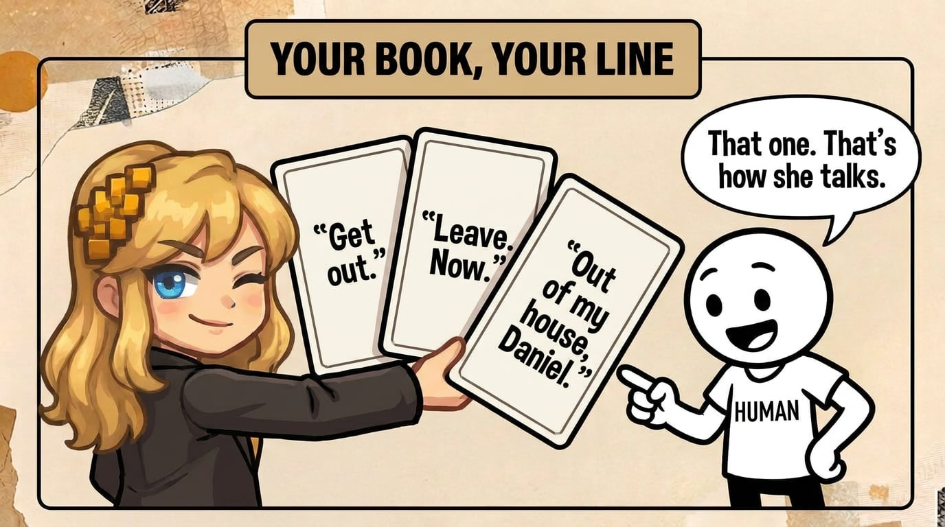 Comic panel captioned “Your book, your line”: Literess winks and fans out three playing cards toward a delighted stick figure in a T-shirt that says HUMAN. The cards read “Get out.”, “Leave. Now.” and “Out of my house, Daniel.” The human points at the third card and says “That one. That’s how she talks.”