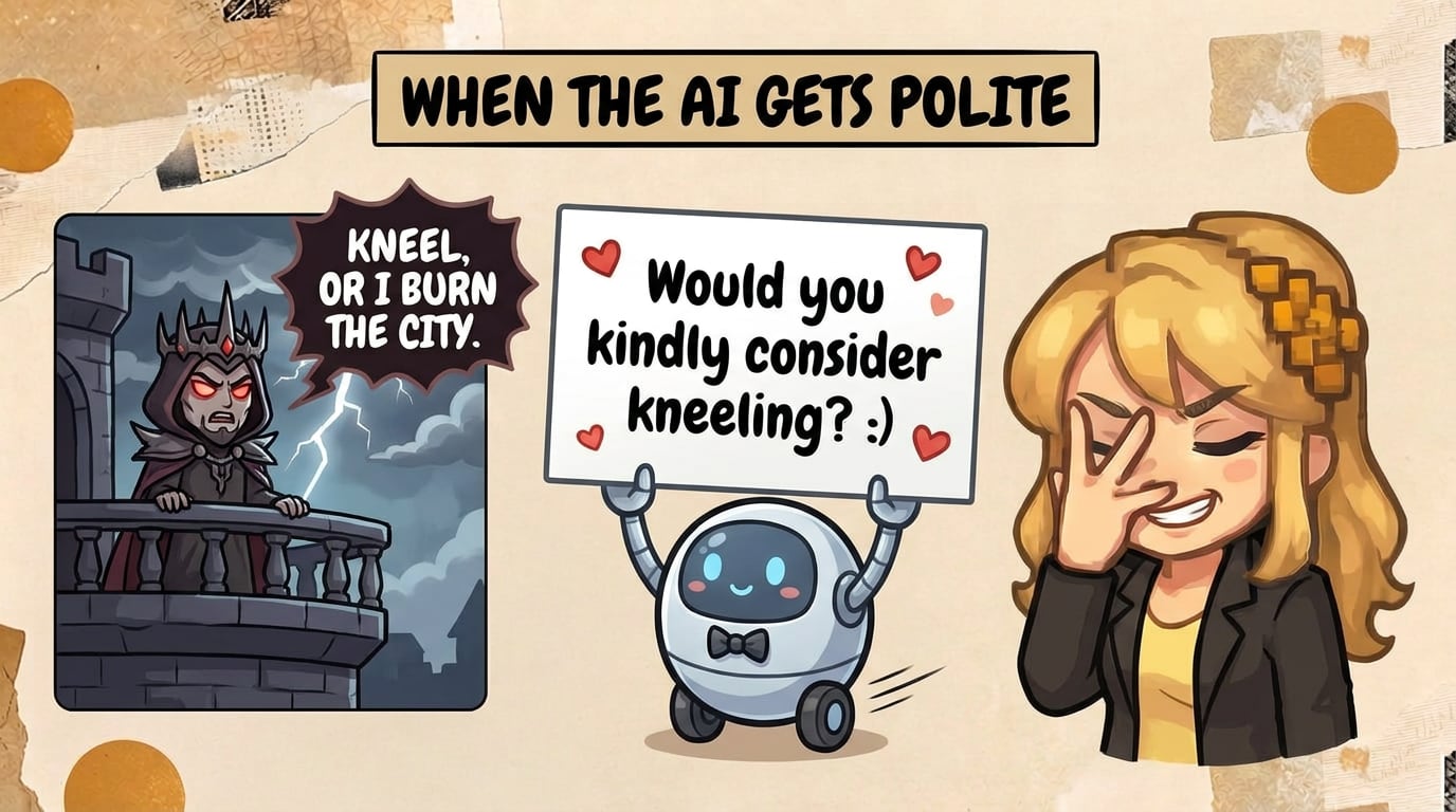 Comic panel captioned “When the AI gets polite”: on a castle balcony under a stormy sky, a hooded villain with glowing red eyes and a spiked crown shouts “Kneel, or I burn the city.” Next to him, a small round robot with a bow tie holds up a card with hearts around it that reads “Would you kindly consider kneeling? :)”. On the right, Literess facepalms with a pained grin.