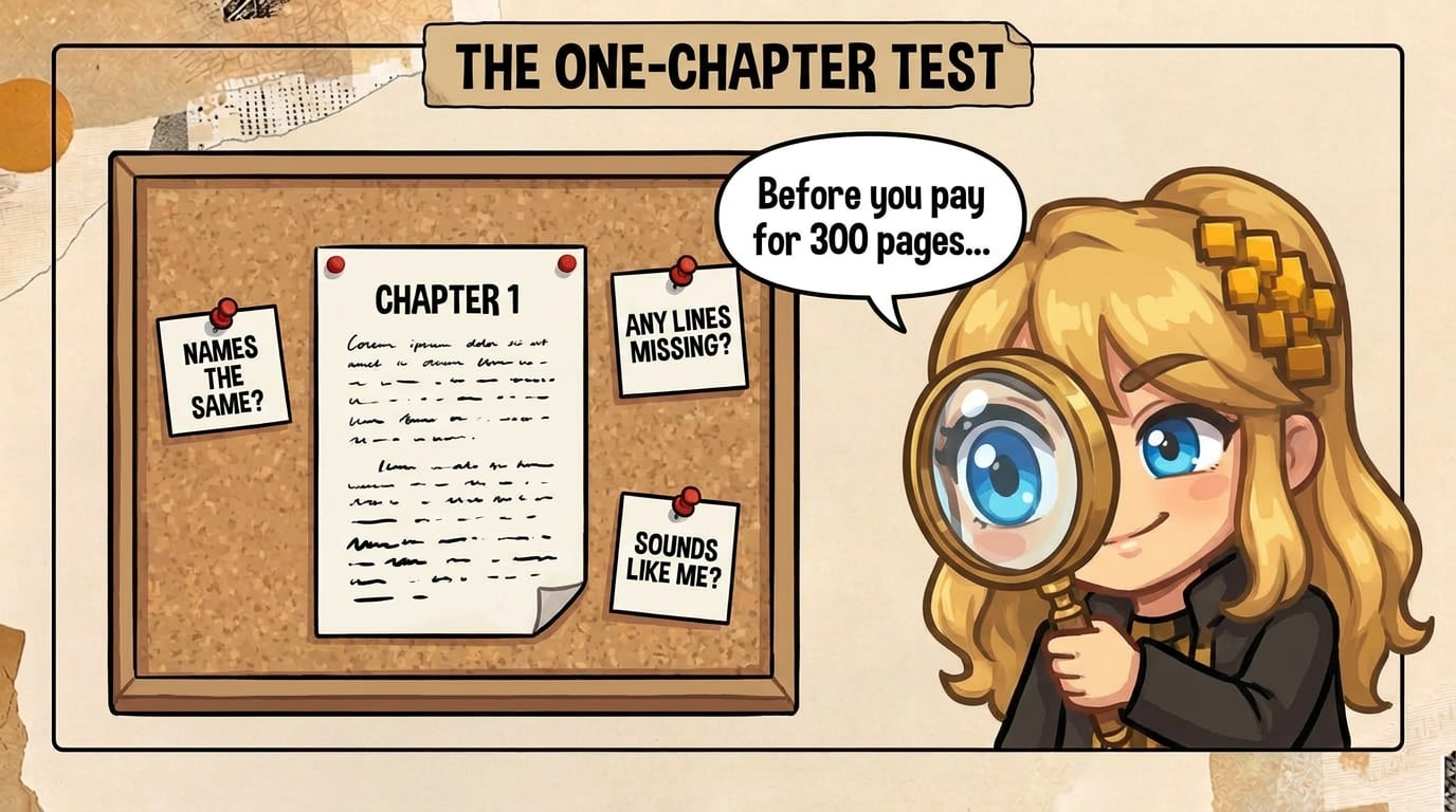 Comic panel captioned “The one-chapter test”: Literess leans toward a cork board with a big brass magnifying glass, her eye huge through the lens, saying “Before you pay for 300 pages…”. A manuscript page headed “Chapter 1” is pinned to the board with three sticky notes around it: “Names the same?”, “Any lines missing?” and “Sounds like me?”.