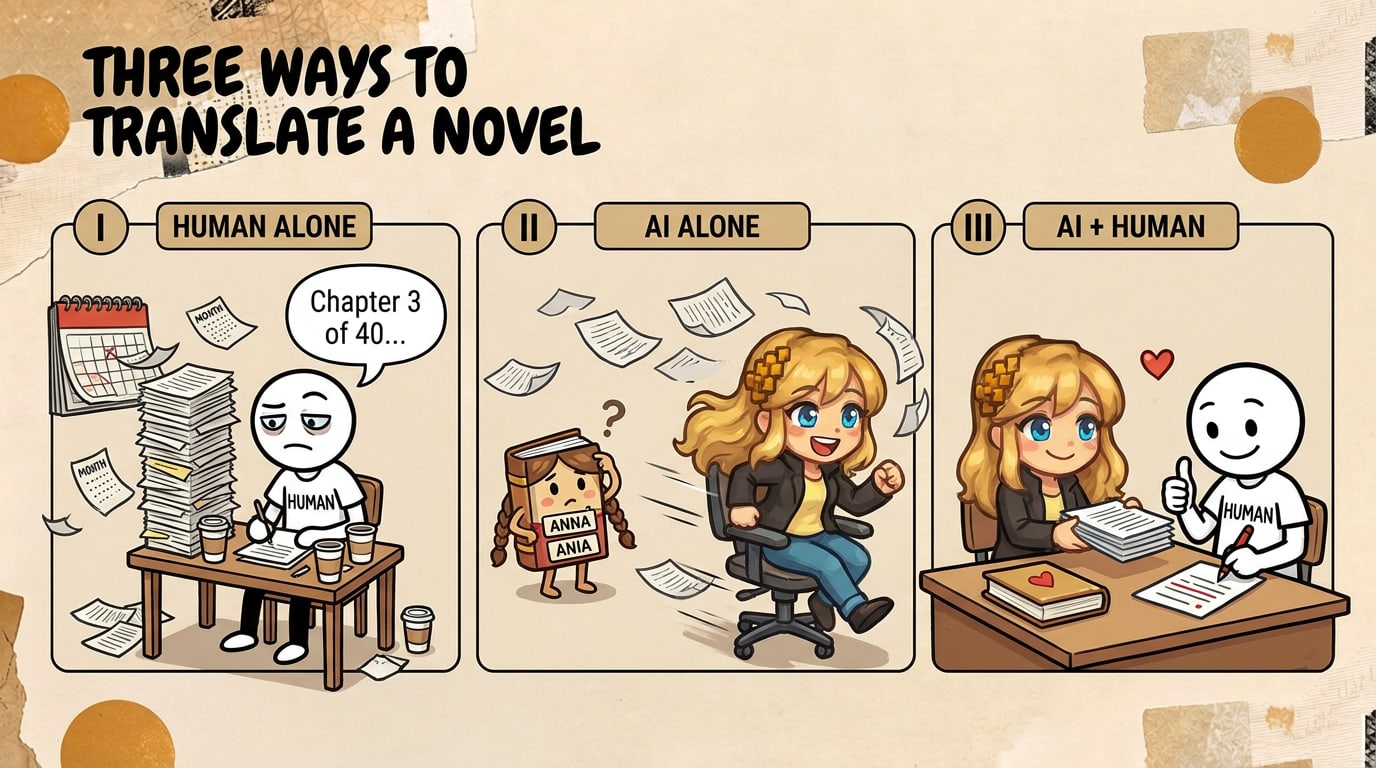 Three-panel comic titled “Three ways to translate a novel”. Panel I, “Human alone”: a stick-figure human in a HUMAN T-shirt sits buried under a tower of manuscript pages, calendar months flying away, sighing “Chapter 3 of 40…”. Panel II, “AI alone”: Literess races past on an office chair in a whirl of pages while a book character wearing two different name tags, ANNA and ANIA, scratches her head. Panel III, “AI + human”: Literess hands the human a neat stack of pages, he marks one line in red and gives a thumbs-up, and a finished book with a heart sits on the desk.