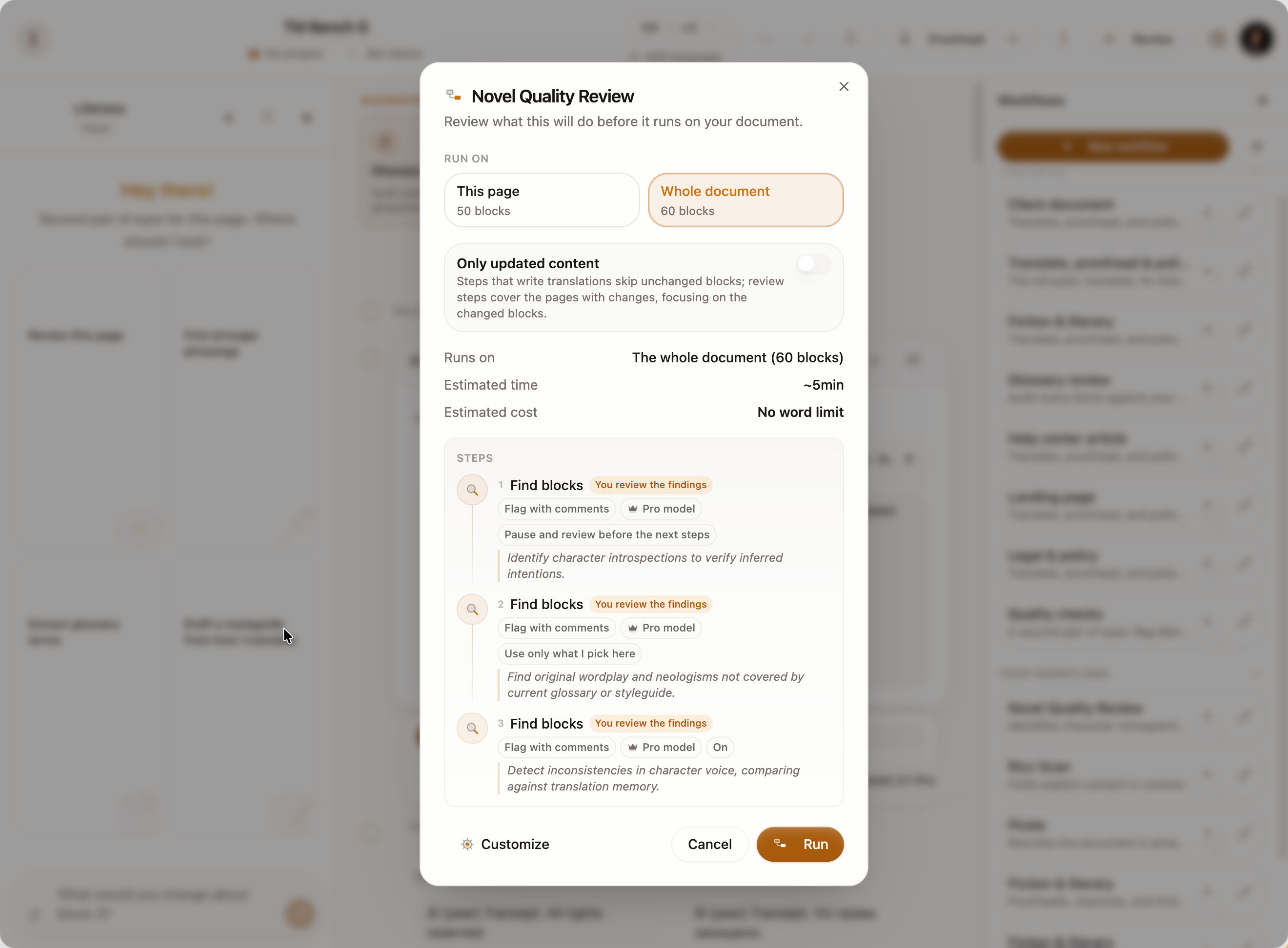 Una finestra pop-up illustra i dettagli del processo «Revisione qualità del romanzo».