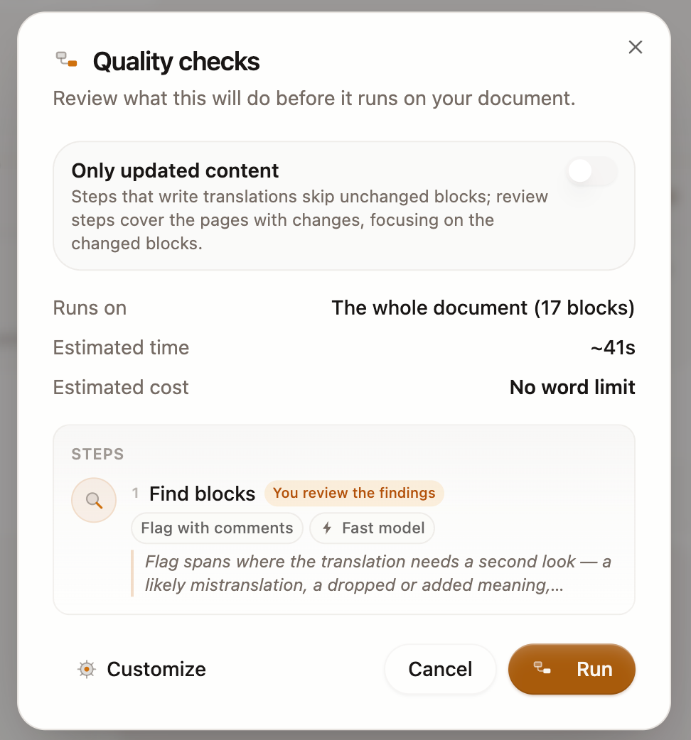 Finestra di dialogo dei controlli di qualità con pulsante «Esegui».