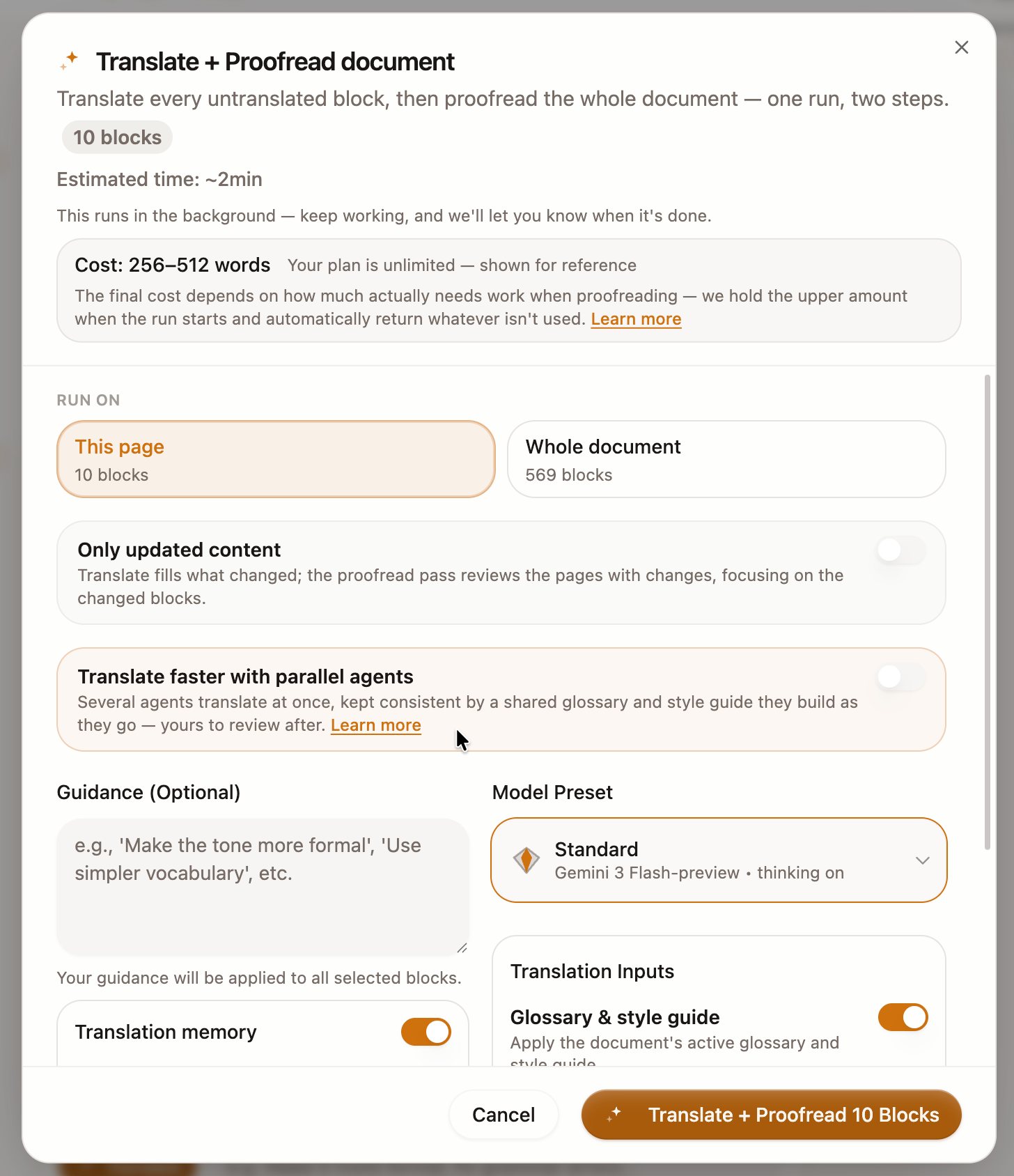 Traduci il documento con revisione, 10 blocchi selezionati.