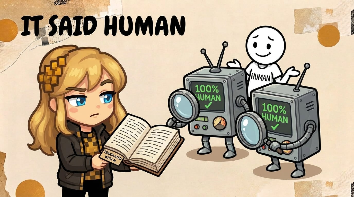 Literess, Transept’s illustrated assistant, holds up an open book labelled “Translated with AI” and raises an eyebrow, while two boxy detector robots scan it through magnifying lenses and both their screens read “100% human”. Behind them, a stick figure in a “Human” T-shirt shrugs. The title reads “It said human”.