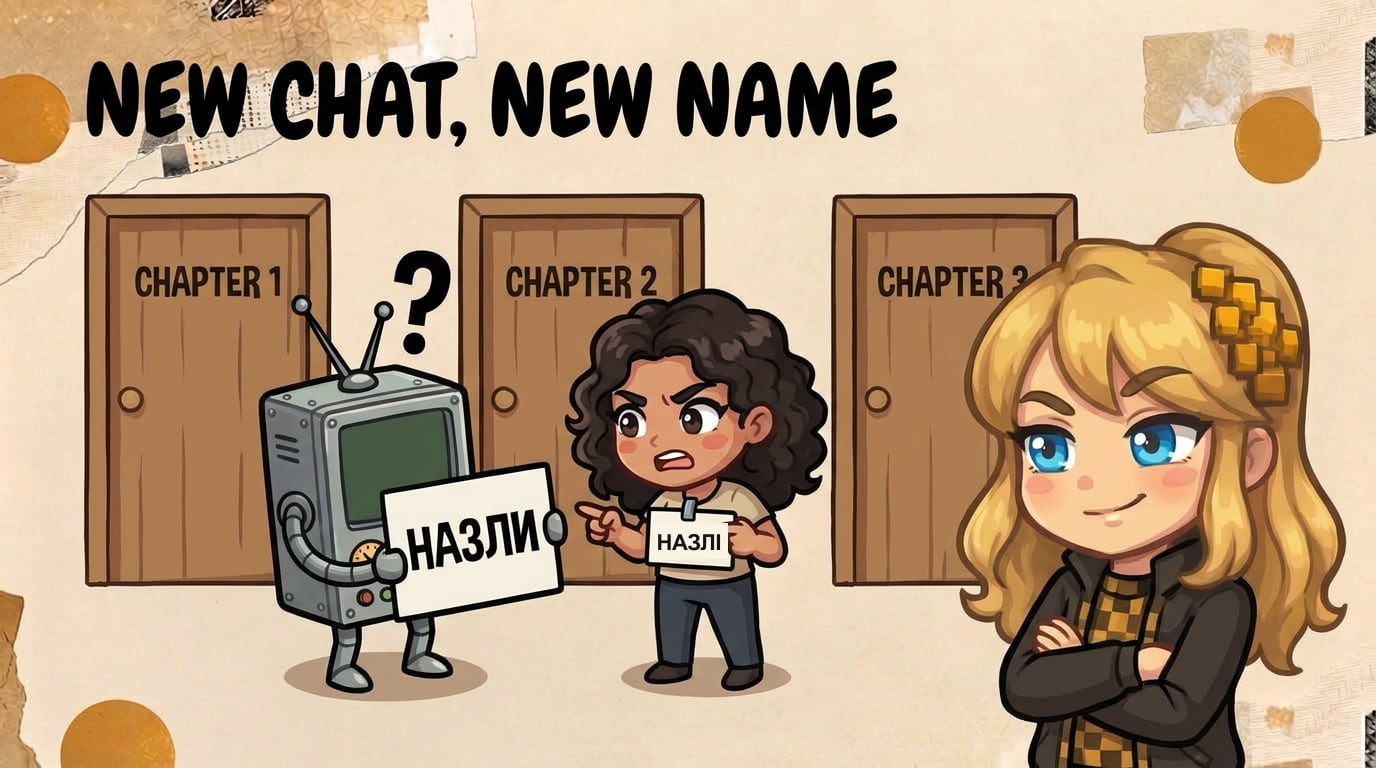 Comic panel titled “New chat, new name”. Three wooden doors are labelled “Chapter 1”, “Chapter 2” and “Chapter 3”. In front of the second door, a forgetful boxy robot with a question mark over its antenna holds up a name card reading “НАЗЛИ”, while Nazli, a young woman with dark curly hair, points at her own badge, which reads “НАЗЛІ”. Literess leans on the wall with her arms crossed, smirking.