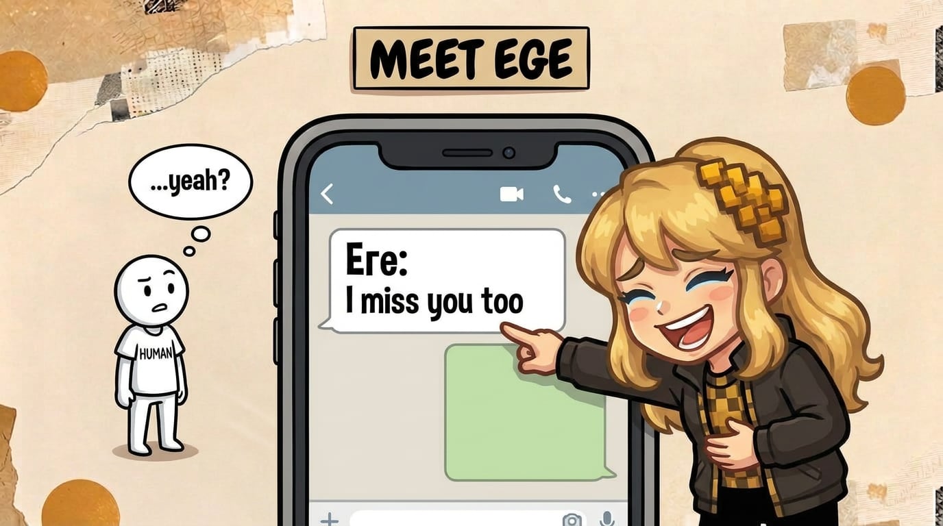 Comic panel captioned “Meet Ege”: a giant smartphone shows a group-chat message from “Еге:” saying “I miss you too”. A stick figure in a “Human” T-shirt looks at it, puzzled, thinking “…yeah?”, while Literess points at the name and laughs so hard she has to hold her stomach.